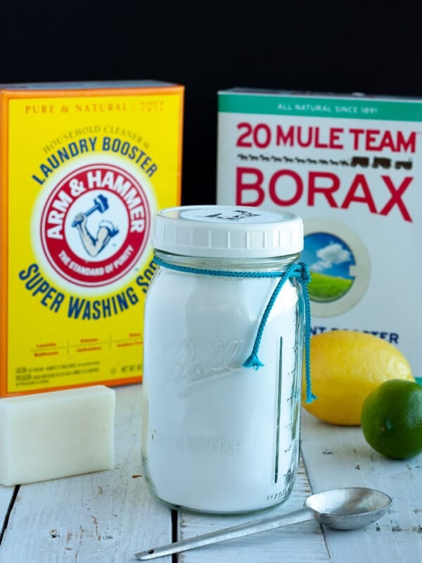 ingredients for homemade laundry detergent - washing soda, borax, and soap.