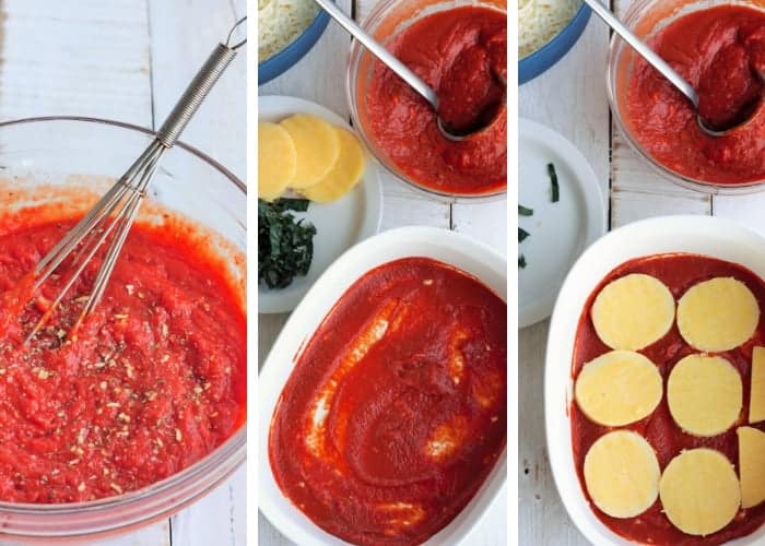 3 photos showing how to assemble a gluten free lasagna
