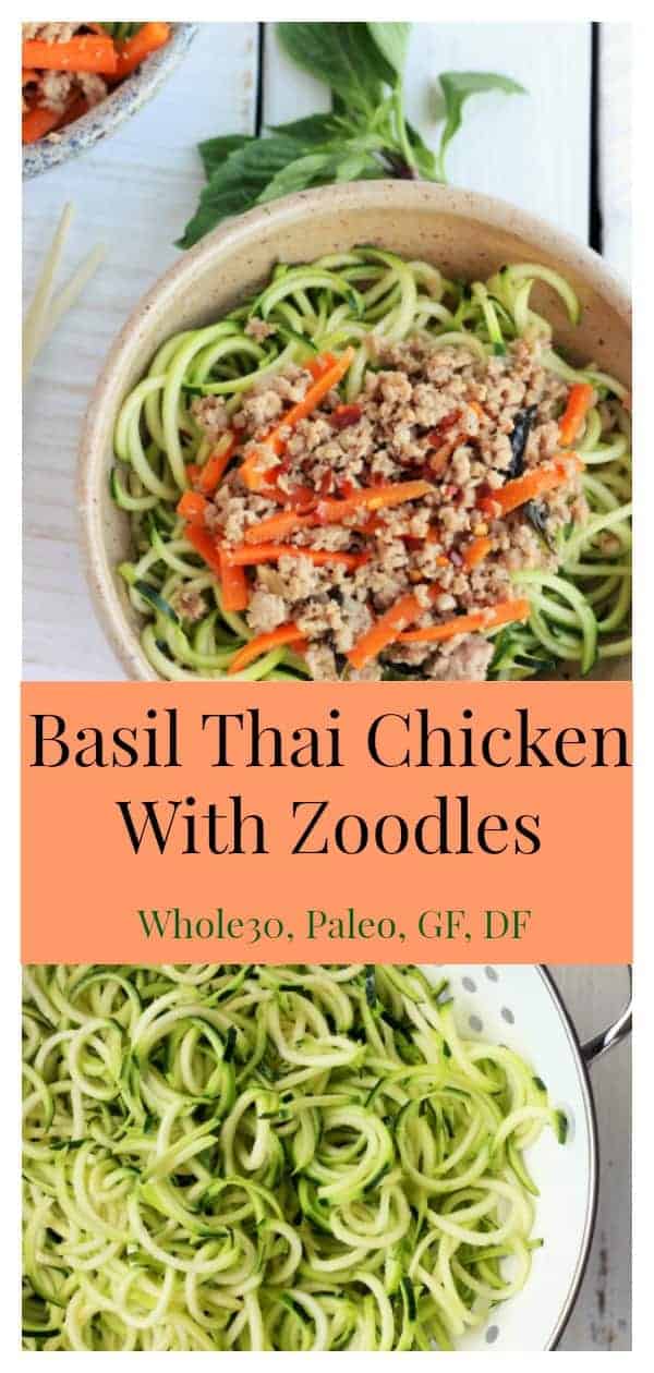 Delicious and easy homemade takeout in under 20 minutes, this Basil Thai Chicken With Zoodles will be your new favorite dish. Full of flavor and easily adaptable to any dietary needs, Basil Thai Chicken is also a make-ahead meal prep dream dish. #sustainablecooks #thaifood #takeout #chicken