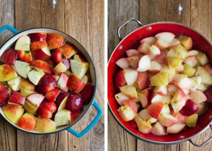 Preparing apples for canning applesauce.