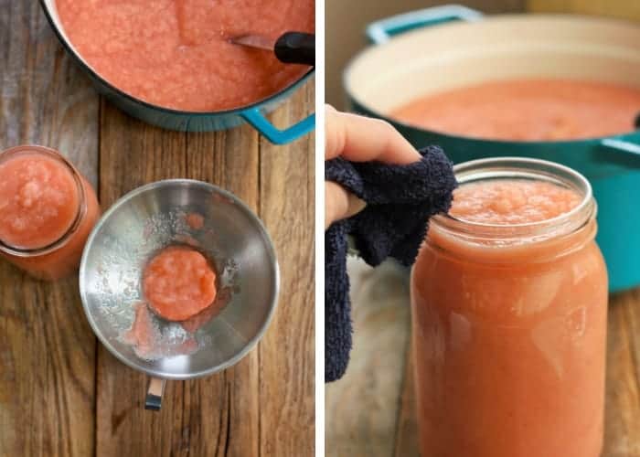 the process of filling jars for canning applesauce.