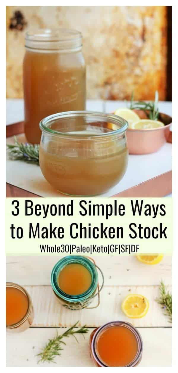 The flavor and health benefits of homemade chicken stock can't be beat! Once you learn how to make Homemade Chicken Stock, you'll be hooked for life. This easy to follow tutorial teaches you three different ways to make delicious, nourishing and affordable chicken stock at home.#sustainablecooks #chickenstock #instantpot #slowcooker #soup