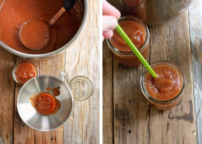 Two photos showing how to can slow cooker apple butter