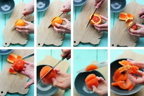 multiple photos showing the steps it takes to segment an orange