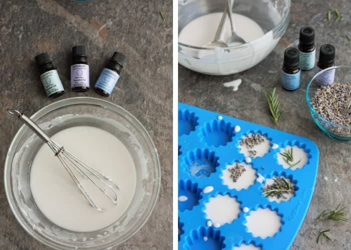 two photos showing mixing the base and the base in muffin tins for homemade vicks soother tablets