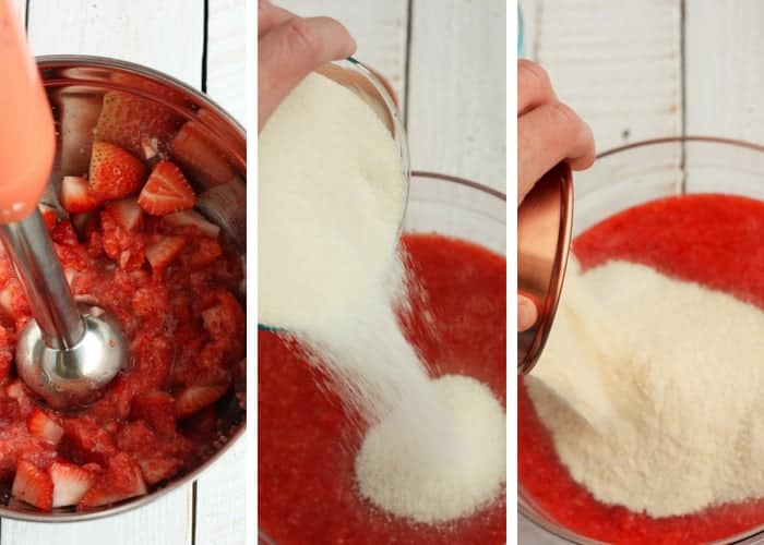Process shots for making strawberry freezer jam