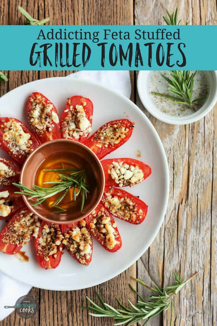 Full of summer flavor, these Addicting Feta Stuffed Grilled Tomatoes will be your new favorite healthy recipe. Whole tomatoes and cheese are grilled on the BBQ or roasted in the oven. #sustainablecooks #grillrecipes #grilledtomatoes #summerrecipes #feta #balsamic #balsamicvinegar