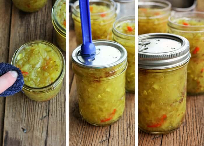 Three photos showing filling jars for homemade dill relish