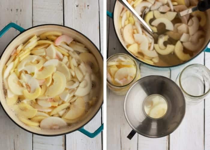 two steps in the process of canning apple pie filling