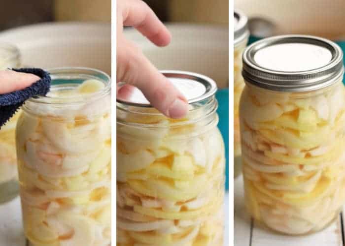 the 3 step process of putting lids on jars for canning apple pie filling