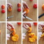 8 photos showing the steps on how to cut a peach