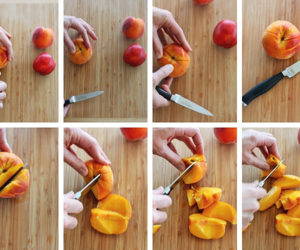 8 photos showing the steps on how to cut a peach