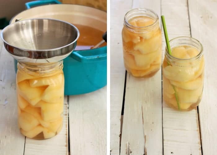 Two photos showing filling jars for canning pears