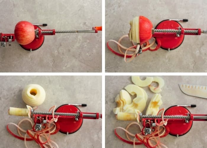 four photos showing how to use a hand peeler to make dried apples