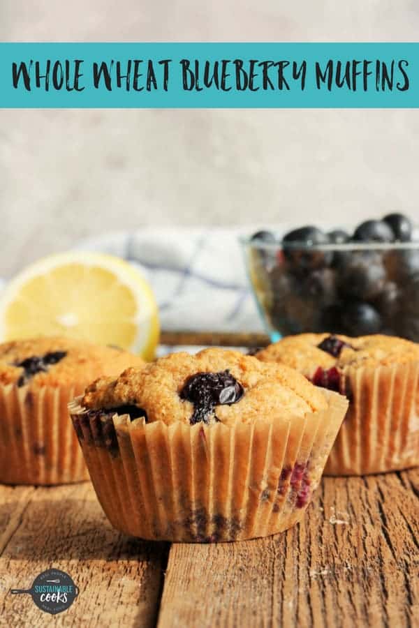 You'll never believe that these amazing homemade Whole Wheat Blueberry Muffins are made with 100% whole grains. Flavored with lemon zest, these blueberry muffins are an easy and healthy make-ahead recipe the whole family will love. #sustainablecooks #blueberrymuffins #wholewheat #makeahead #breakfast #blueberries