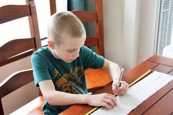 a boy marking lines on toilet paper for homemade seed tape