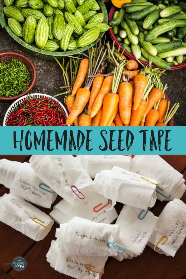 This tutorial for homemade seed tape is an awesome DIY money-saving gardening hack. This project is so easy that even kids can plant tiny seeds like carrots or spinach. #sustainablecooks #seedtape #gardening #plantingseason #growyourown