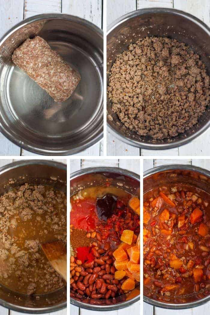 5 steps showing how to make instant pot chili