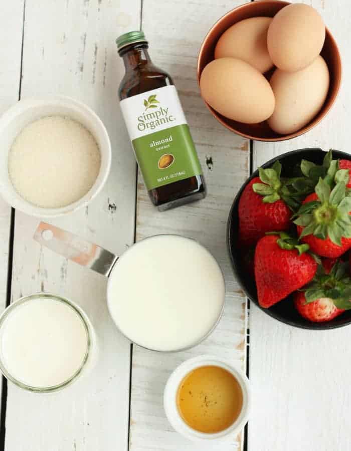 cream, milk, sugar, strawberries, eggs, and almond extract