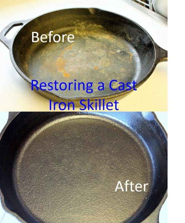 before and after photos showing how to remove rust from a cast iron skillet