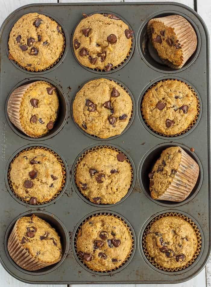 chocolate chip muffins in a tin.