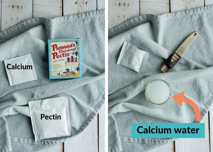 Packets of Pomona's Pectin and calcium water on a grey cloth