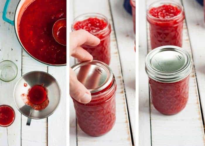 Three photos showing how to fill and place the lids of jars of homemade strawberry jam