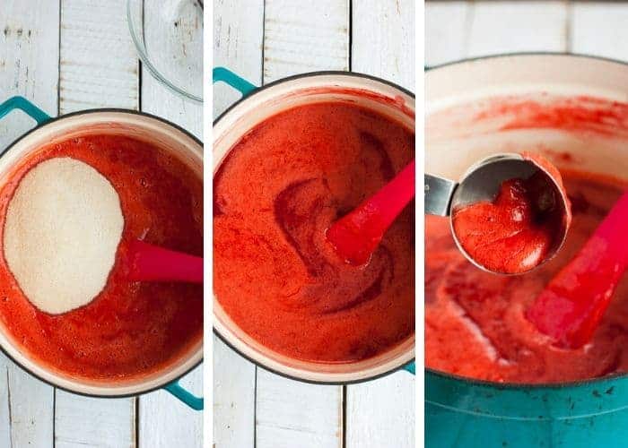 Three photos showing how to make low sugar strawberry jam