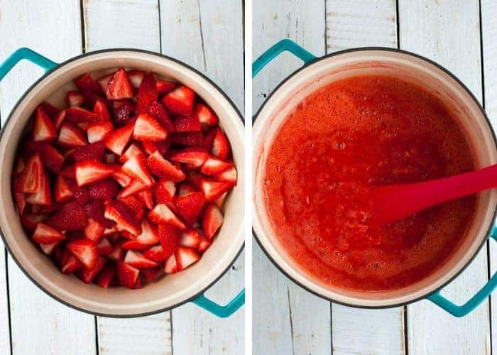 Two photos of strawberries in a pot being crushed for low sugar strawberry jam