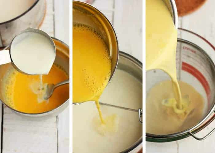 three photos showing how to make homemade peach ice cream