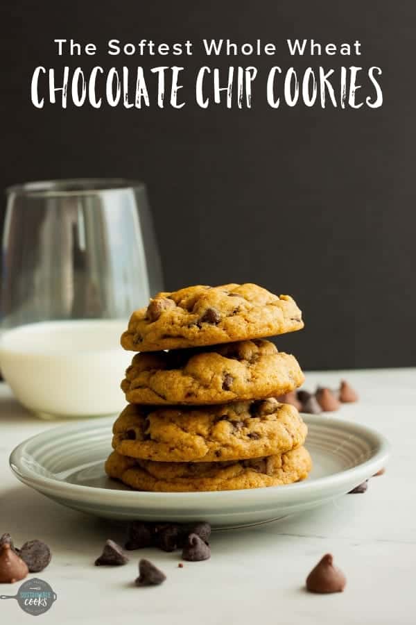 A one-bowl easy recipe for the best chewy whole wheat chocolate chip cookies ever. These are hands down the softest whole wheat chocolate chip cookies you've ever had. #sustainablecooks #chocolatechipcookies #wholewheatcookies #wholewheatbaking #wholewheatchocolatechipcookies