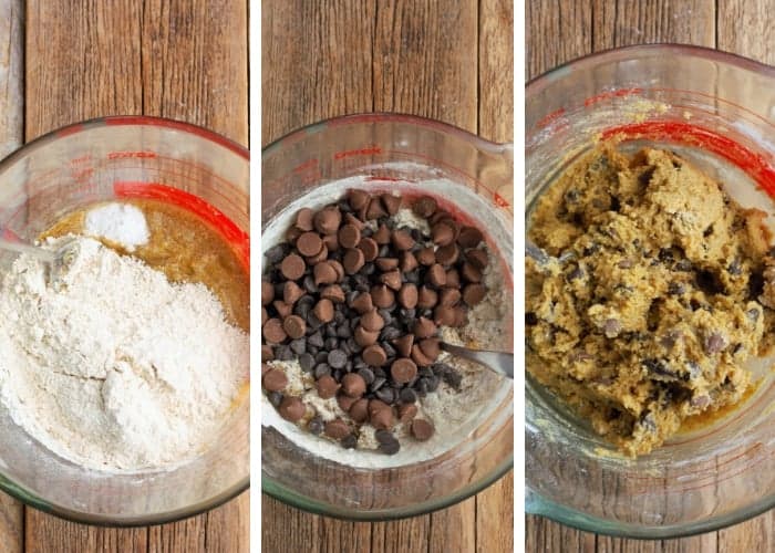 3 photos showing the process of mixing cookies.