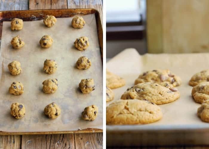 two photos - cookie dough and baked cookies on baking sheets