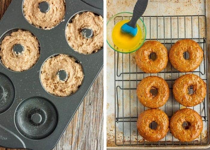 unbaked donuts in a pan and cinnamon donuts on a baking rack