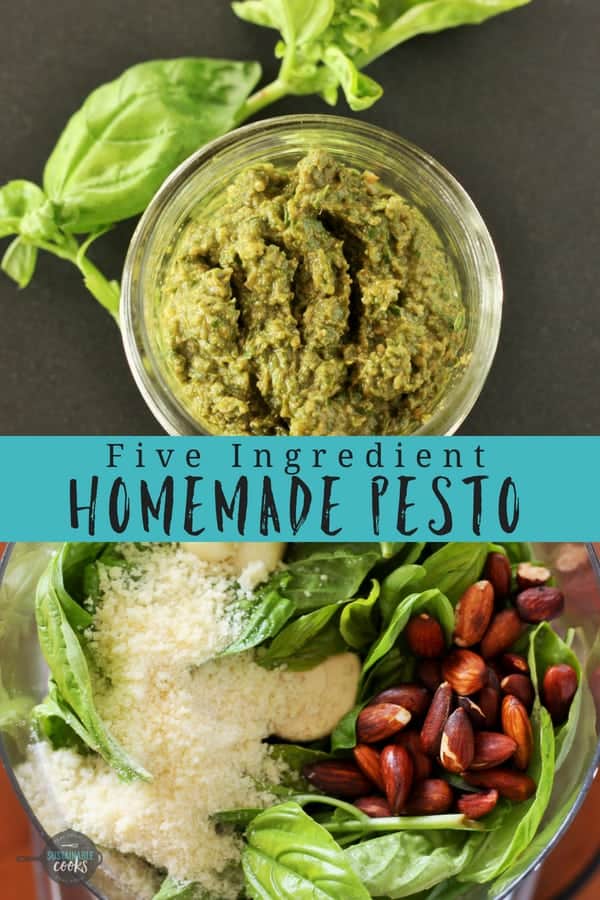 A healthy and easy homemade pesto recipe comes together with only 5 simple ingredients. Made without pine nuts to make it more affordable, this versatile sauce goes with everything. #sustainablecooks #pesto #homemadepesto #homemadepestorecipe #healthypesto #pestorecipe