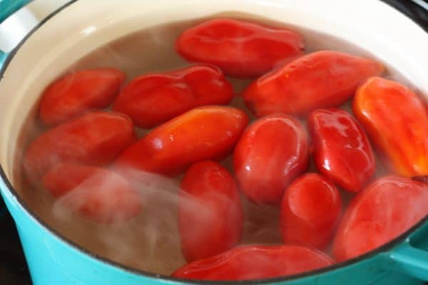 roma tomatoes in a saucepan