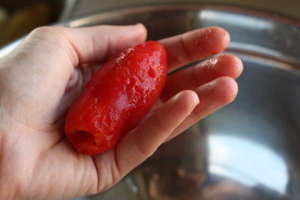 a hand holding a peeled tomato