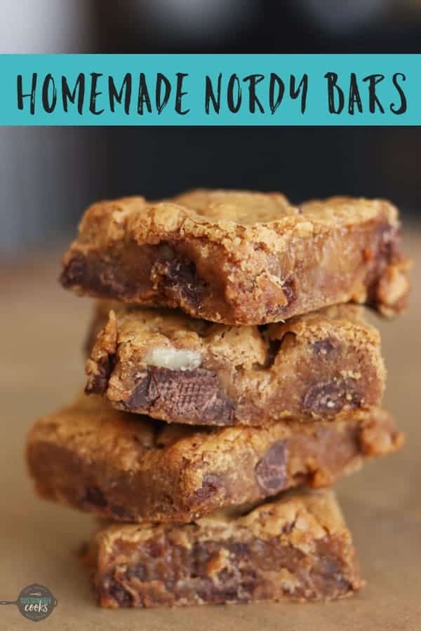 A homemade version of the famous Nordy Bar recipe from Nordstrom. This easy recipe combines chocolate chips, butterscotch, and marshmallows into a delicious cookie bar that is perfect for a crowd. #sustainablecooks #nordybars #nordstrom #cookiebars #marshmallow #butterscotch