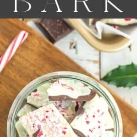 Pieces of candy cane bark in a glass bowl
