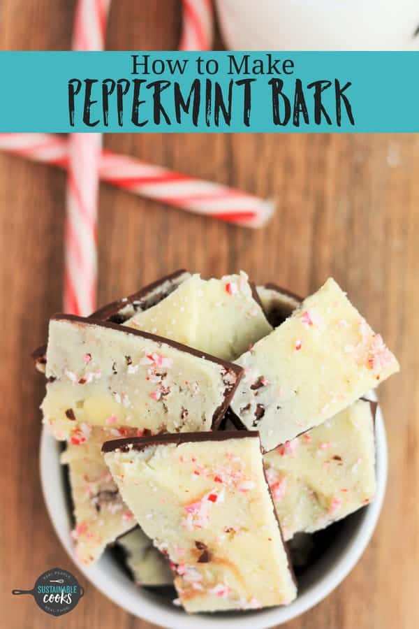This easy recipe teaches you how to make the best homemade peppermint bark. Dark and white chocolate sprinkled with crushed candy canes is perfect for the holidays and Christmas. #sustainablecooks #peppermintbark #easyholidaygifts #homemadeholidays #dessert #glutenfreedessert