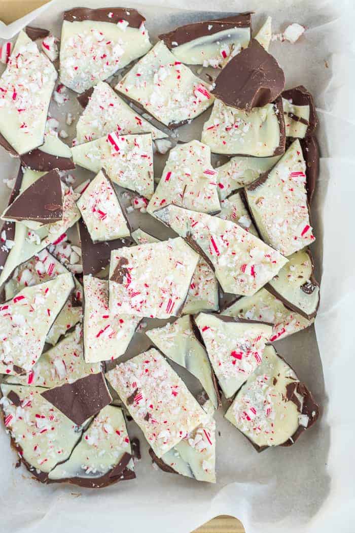 Shards of peppermint bark on a baking tray