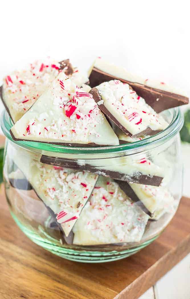 Pieces of candy cane bark in a glass bowl