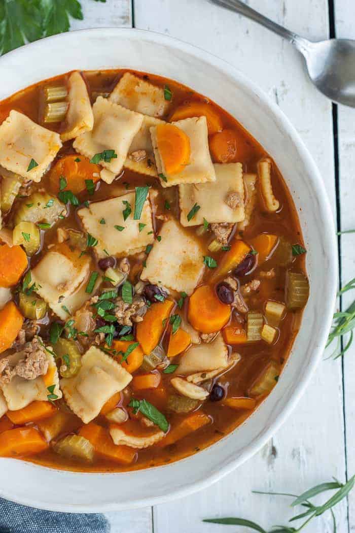 instant pot vegetable soup in a white bowl