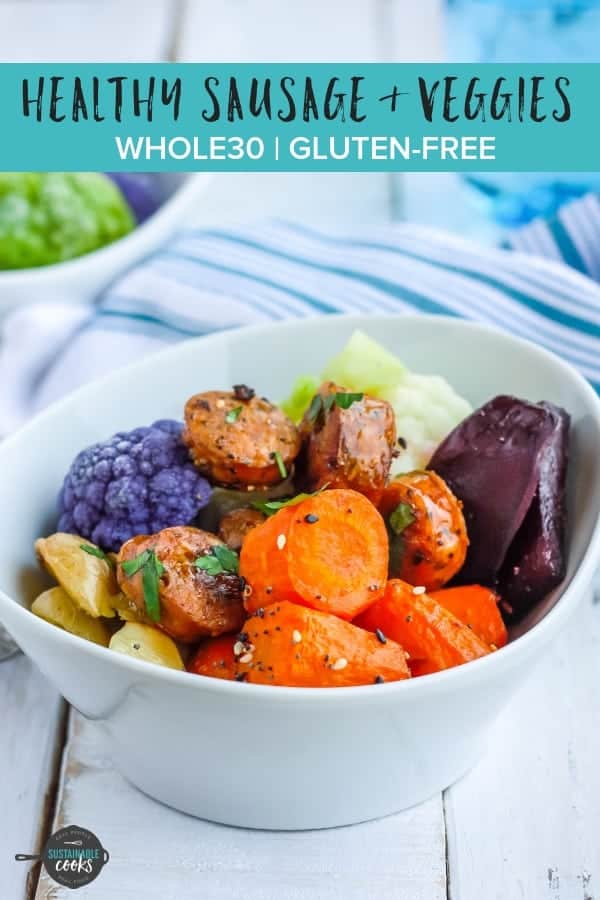 A fast dinner that is pure comfort food, Sheet Pan Sausage and Veggies is gluten-free, dairy-free, Whole30 compliant, and paleo. Full of flavor and packed with tons of (frozen!) veggies, this sheet pan dinner is a meal prep dream. #sustainablecooks #sheetpandinner #whole30dinner #sausageandveggies