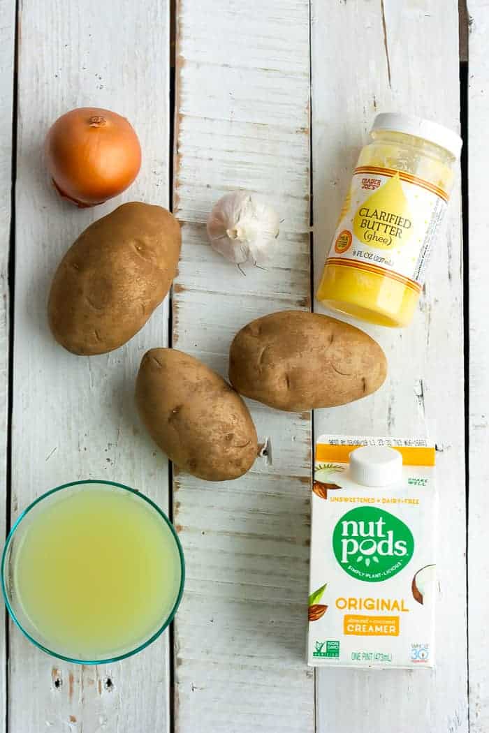 potatoes, ghee, broth, and other ingredients for making Whole30 Potato Soup