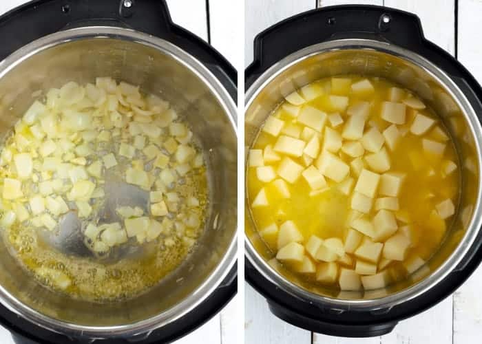 two process photos showing how to make Whole30 potato soup in an Instant Pot