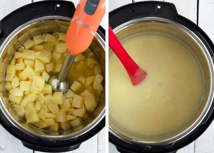 an immersion blender blending whole30 potato soup in an instant pot