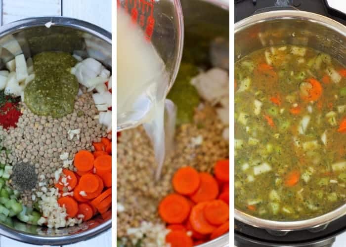 Three photos showing how to make instant pot lentil soup