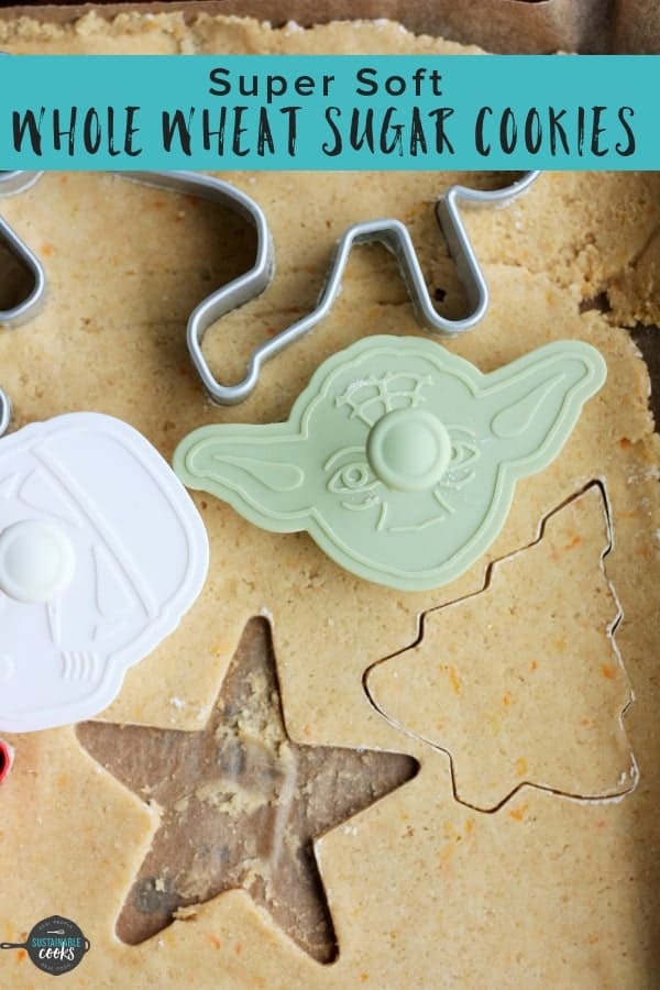 These are the best homemade Soft Whole Wheat Sugar Cookies ever! This easy recipe has a life-changing hack to make the dough so simple to roll out. #sustainablecooks #wholewheat #sugarcookies #christmascookies