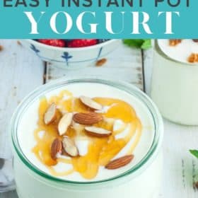 a glass dish of Instant Pot yogurt topped with almonds and honey